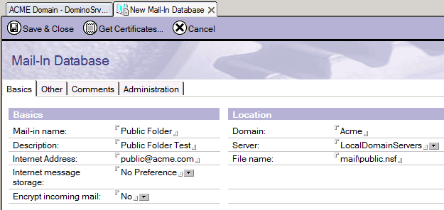 Screenshot 10: Neue Eingangs-E-Mail-Datenbank 7. Konfigurieren Sie im Lotus Notes Administrator den Ordner für die E-Mail-Nutzung.