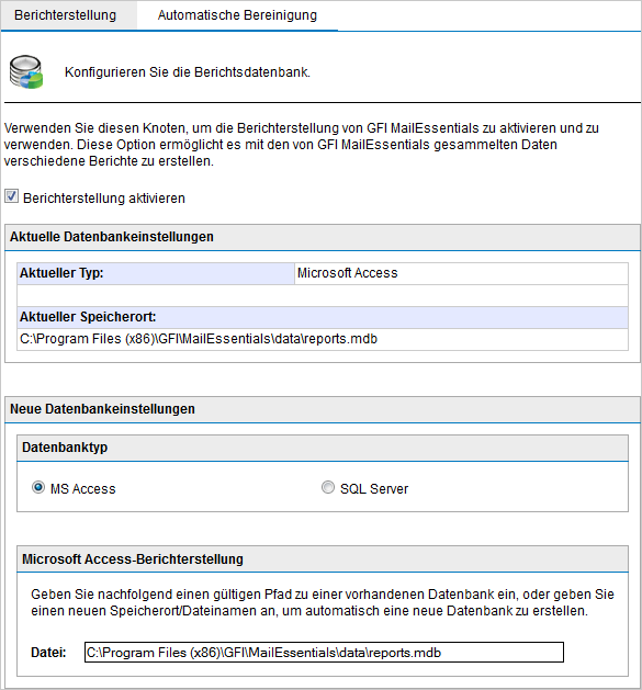Konfigurieren eines Microsoft Access-Datenbank-Backends Screenshot 34: Konfigurieren eines Microsoft Access-Datenbank-Backends 1. Wählen Sie Berichterstellung > Einstellungen aus. 2.