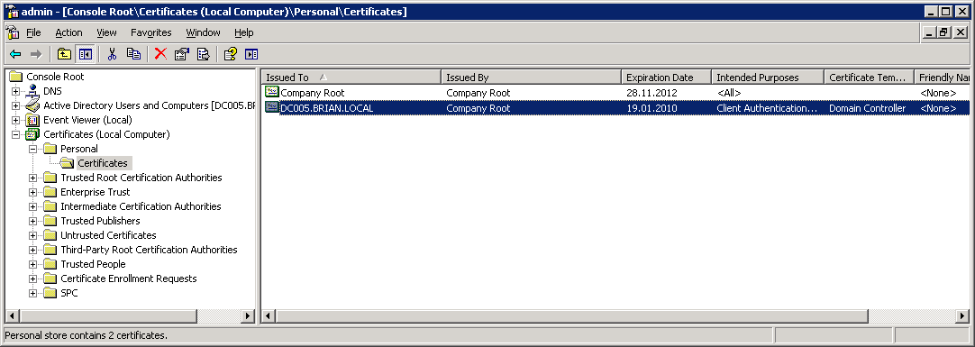 4. Wählen Sie Certificates 5. Wählen Sie Computer account, dann Local computer, dann Finish 6. Öffnen Sie den Zweig Certificates (Local Computer)\Personal\Certificates resp.