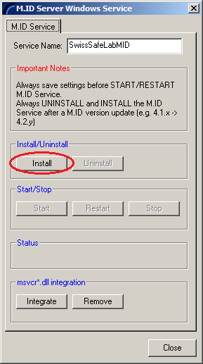 4. Falls der M.ID Server Windows Service noch nicht installiert ist, ist die Schaltfläche Install aktiv. 5. Klicken Sie auf Install um den Windows Service zu installieren. Sie müssen den M.