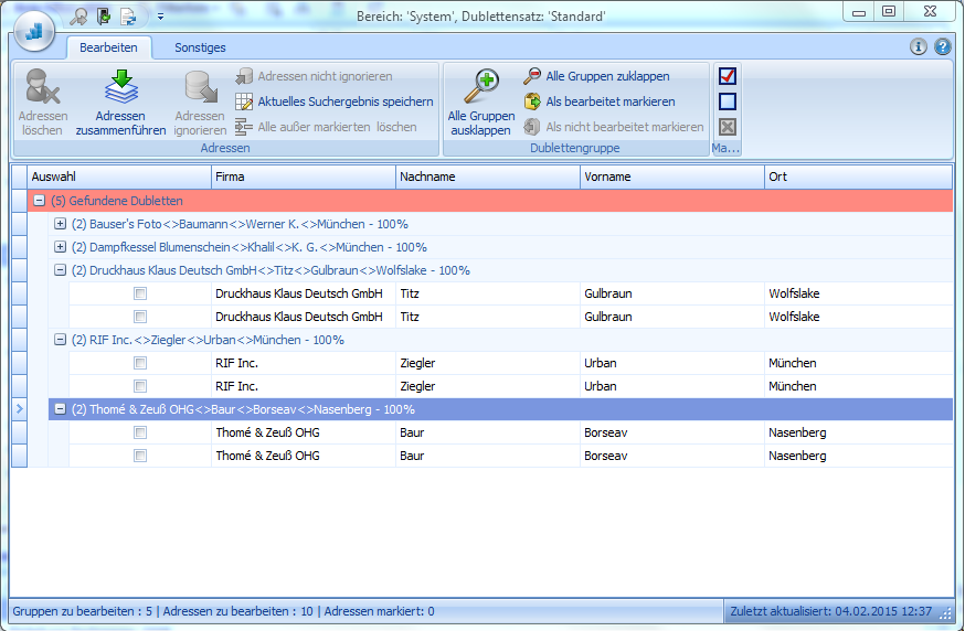 Inklusive in cobra CRM PRO: das cobra Dubletten-Modul Identische Adressen findet cobra bereits im Standard in wenigen Klicks.