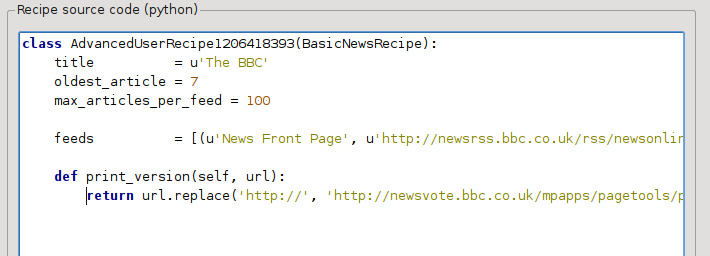 def print_version(self, url): return url.replace('http://', 'http://newsvote.bbc.co.uk/mpapps/pagetools/print/') Dies ist Python, daher ist die Einrückung wichtig.