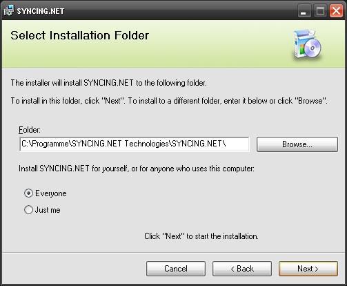 Now select the folder where SYNCING.NET is to be installed. The installer will install SYNCING.NET under C:\Program if you do not select another folder. If you agree, click "Continue".