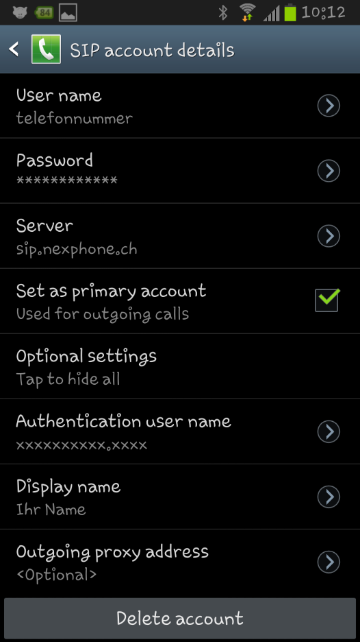 5. Geben Sie Ihre VoIP Zugangsdaten ein User Name Passwort Authentication user name Server Display Name Username