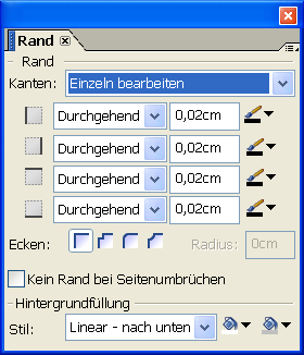 Die Palette Rand Umrandungslinien sowie Hintergrundfarbe und -muster festlegen.