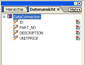 Verbindung zu einer Datenbank In der Palette Datenansicht sind die Verbindungen zu Datenquellen aufgeführt. Neue Verbindungen herstellen, und die Bindung an Felder definieren.