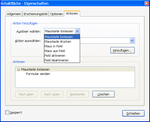 Schaltfläche - Eigenschaften Optionen & Aktionen.