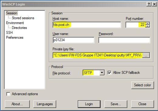 8. WinSCP 8.1 Key Importieren mit WinSCP 1) WinSCP starten 2) auf Session (Sitzung) klicken Öffnen Feld [ ] anklicken und den private Key auswählen!