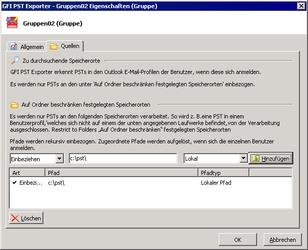 Screenshot 51 - GFI PST Exporter: Zu durchsuchende Speichergruppen 8. Verwalten Sie im Bereich Auf folgende Ordner beschränken die Pfade, unter denen PST-Dateien bearbeitet werden können.