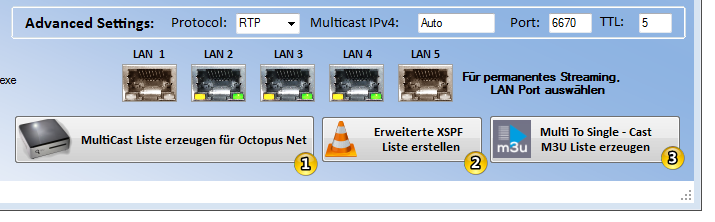 7 Spezielle Listen Erstellung für Multicast Über den Button Erweiterte XSPF Liste erstellen, können Sie mit Ihrer vorhandenen Liste für den VLC Player eine Multicast Playlist generieren, wo bereits