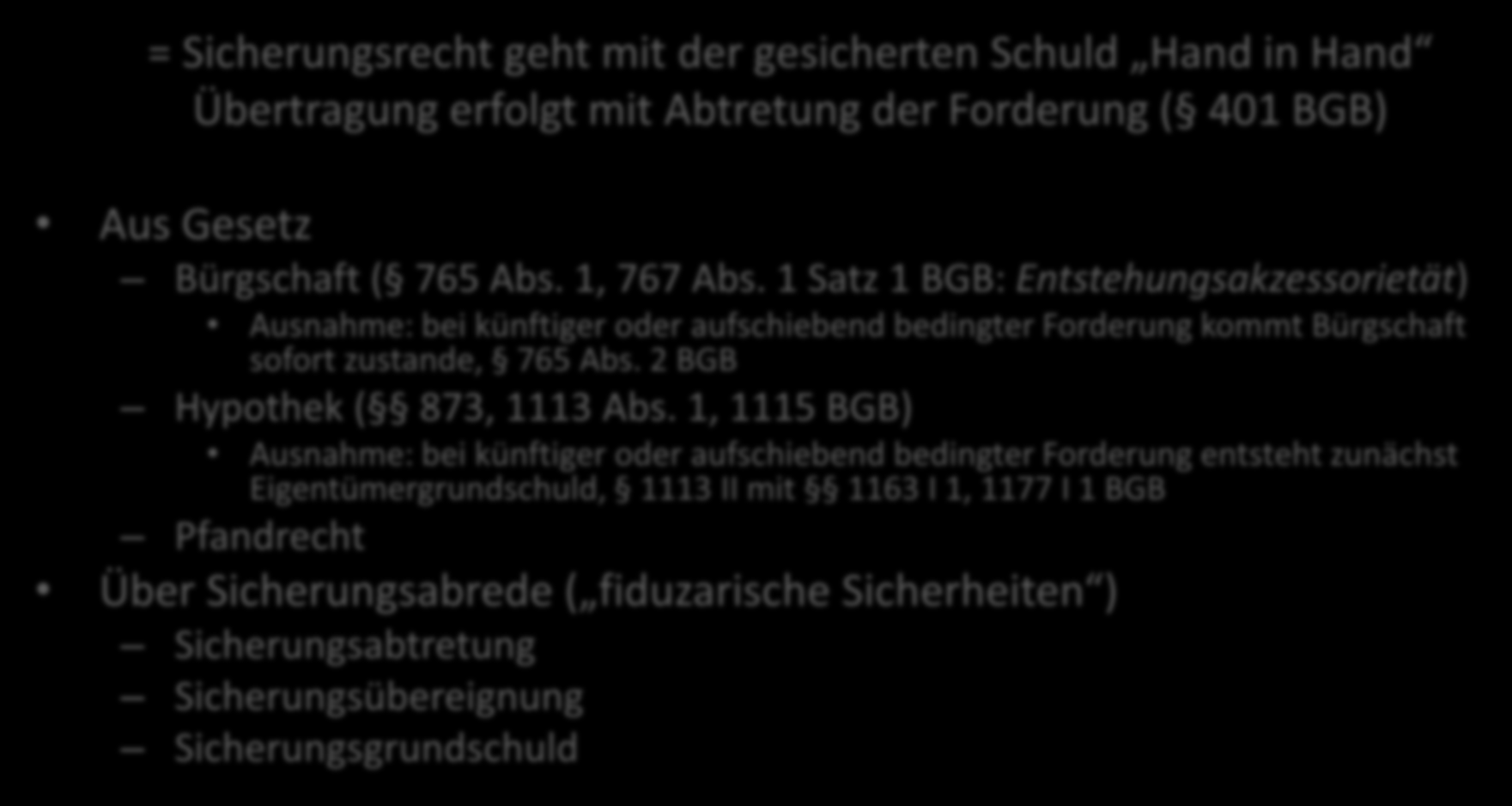 Akzessorietät = Sicherungsrecht geht mit der gesicherten Schuld Hand in Hand Übertragung erfolgt mit Abtretung der Forderung ( 401 BGB) Aus Gesetz Bürgschaft ( 765 Abs. 1, 767 Abs.