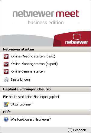 Benutzeroberfläche Nach dem Login öffnet sich der Startdialog, in welchem Sie die Sitzung starten können und Zugriff auf die administrativen Werkzeuge für Netviewer haben. 3.