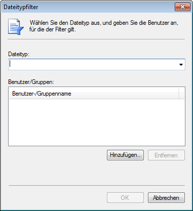 Screenshot 48: Optionen für Dateitypfilter und Benutzer 5. Klicken Sie auf Hinzufügen, und wählen Sie den Dateityp aus dem Dropdown-Menü Dateityp aus, oder geben Sie ihn ein. 6.