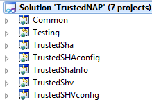 6.2. Projektstruktur 6.2 Projektstruktur Die Visual Studio Solution TrustedNAP (Abb. 6.2) beinhaltet verschiedene Unterprojekte, welche die einzelnen Komponenten repräsentieren. Abbildung 6.