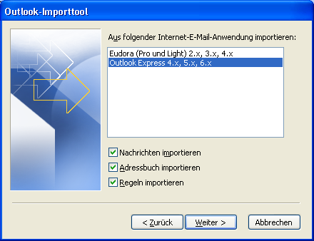 Outlook Express auswählen und Weiter Damit werden Mailadressen und alle Ordner importiert. 2.
