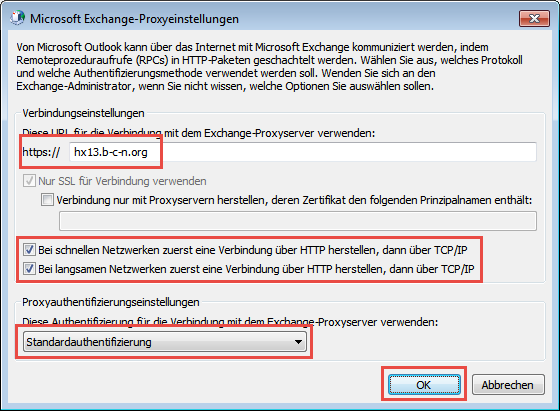 Proxyeinstellungen - Im Fenster Microsoft Exchange-Proxyeinstellungen geben Sie folgende Informationen ein und klicken Sie anschließend auf OK: URL für die Verbindung: https://hx13.b-c-n.