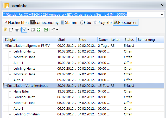 Anzeige Ressourcenmanagement cominfo zeigt automatisch alle dem Kunden zugeordneten Einträge aus dem Ressourcenmanagementsystem, dem professionellen Planungssystem von Comtech.
