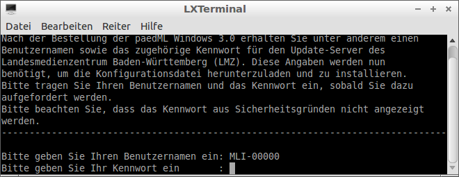 6. Geben Sie das Kennwort des Benutzers adminuser ein. 7. Geben Sie den Benutzernamen für den Update-Server ein. 8. Geben Sie das Kennwort für den Update-Server ein.