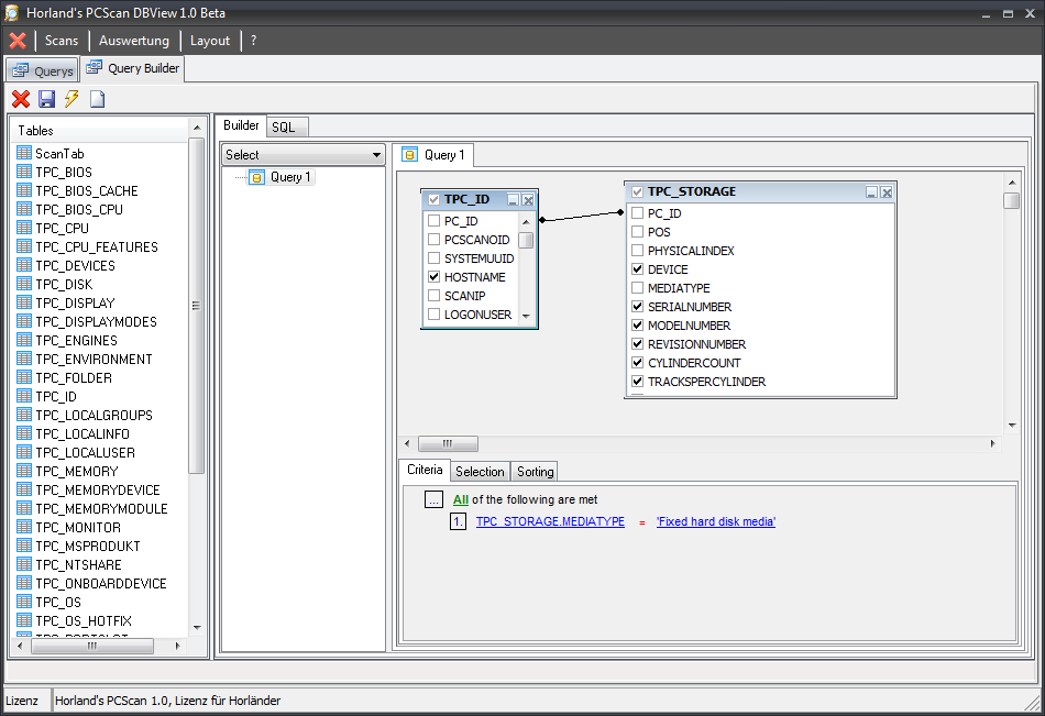 Query Builder Der PCScan Query Builder ist ein visuelles SQL Abfrage Instrument das es auch mit wenig SQL Kenntnissen erlaubt komplexe Abfragen zu erstellen.