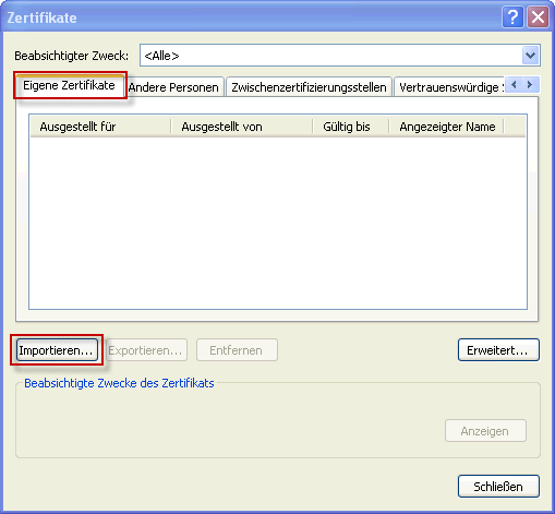 3 Client-Zertifikat in Internet Explorer importieren 9 Im Fenster Zertifikate unter dem Tab Eigene Zertifikate den Button