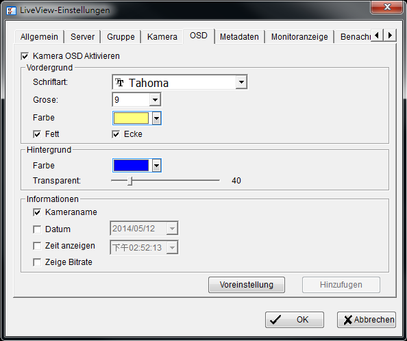 5.2.7 OSD (On-Screen-Display) Einstellungen 1. Start > NUUO NVRmini 2 > Live Wiedergabe verlassen. 2. Klicken Sie auf die Schaltfläche Allgemeine Einstellungen. 3.