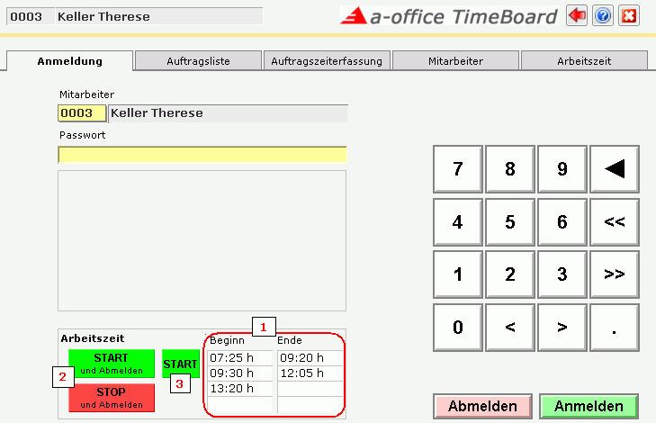 Arbeitszeit starten oder beenden Benutzerhandbuch a-office TimeBoard Um die Zeiterfassung zu starten oder zu beenden muss sich der Mitarbeiter ausweisen.