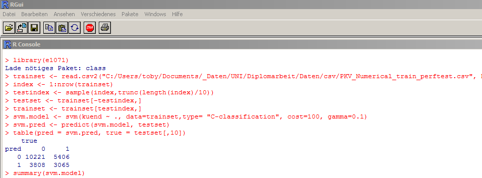 3.6 SOFTWARE-EVALUATION 31 Funktionen für die Berechnung unterschiedlicher Gütemaße für Klassifikationen.[17] Ein Beispiel für eine Klassifizierung mit einer SVM in R ist in Abbildung 19 zu sehen.