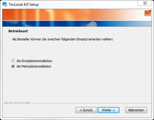 3 TecLocal Mehrplatz-Installation für Besteller Lizenzvereinbarung Lesen und akzeptieren Sie die Lizenzvereinbarung und klicken Sie Weiter.