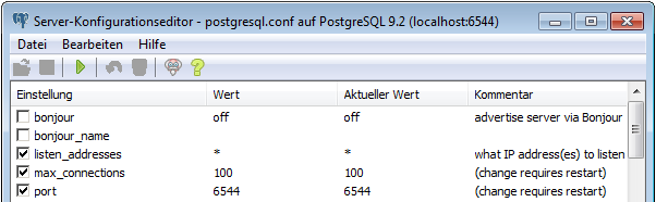 8.3 Besondere Einstellungen im Netzwerk postgresql.conf prüfen Starten Sie pgadmin III (siehe oben). Klicken Sie im Menü auf Werkzeuge > Serverkonfiguration > postgresql.