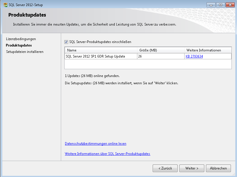 SQL Updates einschließen Weiter klicken Installieren klicken Gegeben falls eine neue Instanz