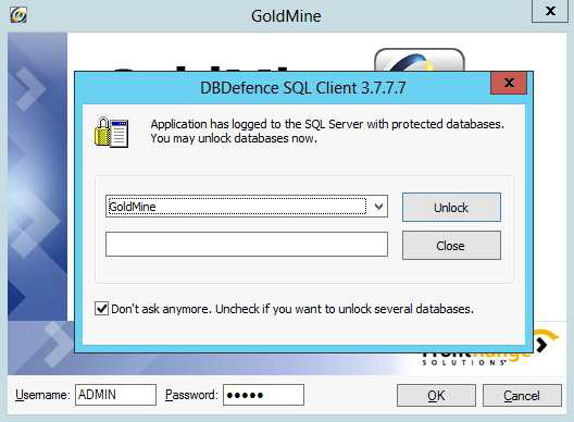 Abb. 13 Sobald GoldMine genehmigt wurde, wird die DbDefence Passwort Dialogbox eingeblendet, wenn GoldMine versucht, auf die Datenbank zuzugreifen.