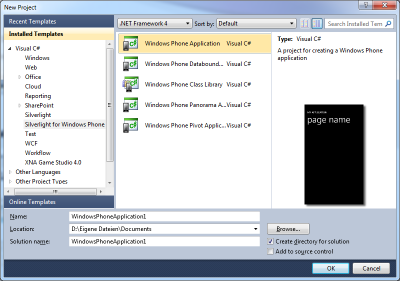 Abbildung 27: Windows Phone Template-Auswahl Nach der Installation der Entwicklertools stehen die Windows Phone Projektvorlagen in Visual Studio 2010 zur Auswahl (sieh Abbildung links).