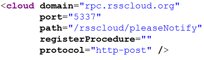 RSS Cloud Beispiel eines RSS Feeds mit Cloud-Funktionalität: