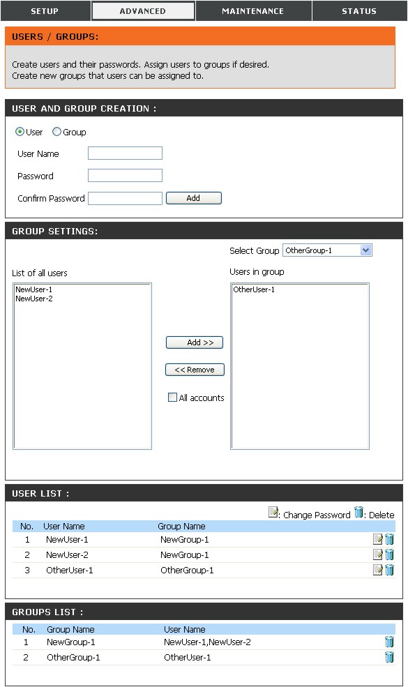 Konfiguration Benutzer und Gruppen Das Menü Users and Groups (Benutzer und Gruppen) dient dem Erstellen von Benutzerkonten.