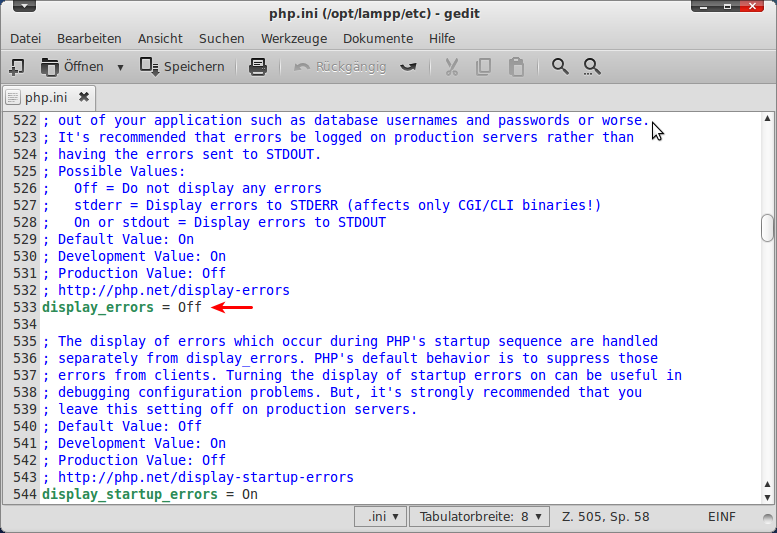 Installation Seite 19 / 130 Der zweite Schritt Scrollen Sie jetzt in der php.ini etwas tiefer bis zur Zeile 533.