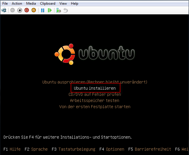 Tastatur aus und Klick auf Enter Wähle "Ubuntu installieren" aus und Klick