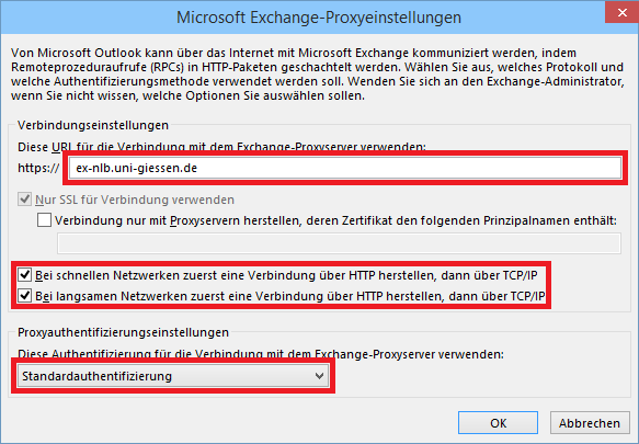 Exchange mit Outlook 2013 Seite 8 von 42 Abb. 7: Verbindung über HTTP herstellen und Proxyeinstellungen vornehmen i.
