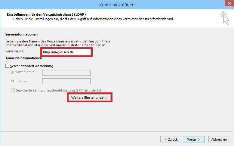 Exchange mit Outlook 2013 Seite 13 von 42 Abb. 15: Dialogfeld Konto hinzufügen, Option LDAP Abb. 16: Dialogfeld Konto hinzufügen, Serverinformationen 5.
