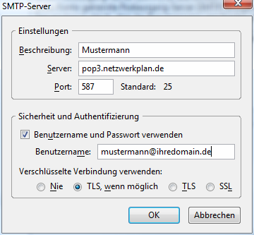 In unserem Fall ist es der pop3.netzwerkplan.de. Dieser hat den Port 587.