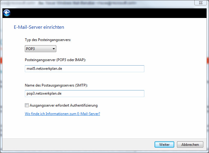 In unserem Beispiel ist es der Server mail5.netzwerkplan.de. Der Ausgangsserver von Netzwerkplan ist pop3.
