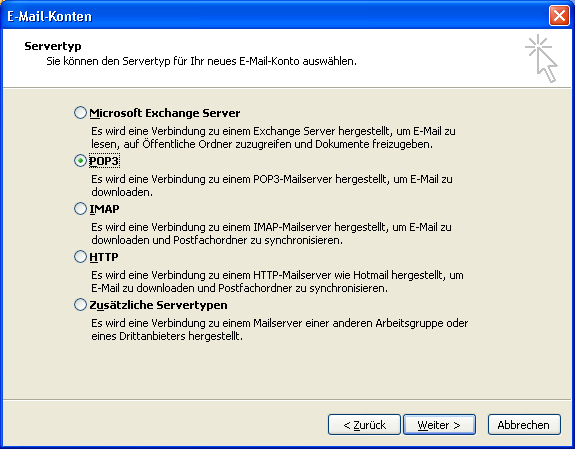 5. 3. Wählen Sie den Server-Typ POP3 aus und klicken