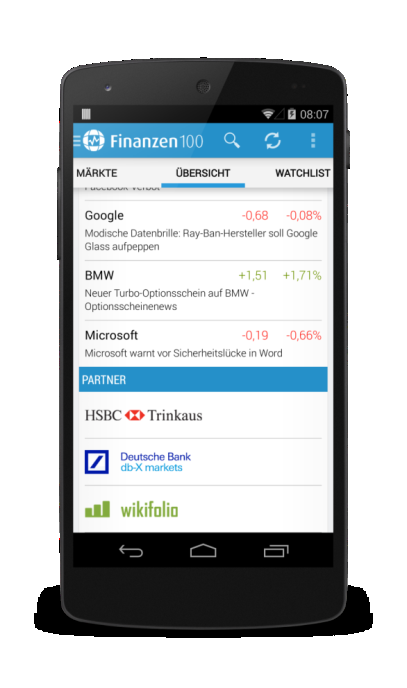 Mobile Integration von wikifolios in Finanzen100 App Verlage ermöglichen die