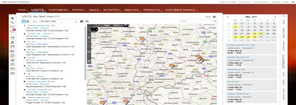 Außendienststeuerung in SAP Cloud for Sales Besuchsplanung Besuchsdurchführung Innendienst Reporting, Analysen, KPIs, Planungen Kartenbasierende Besuchsplanung mit integriertem Kalender im Browser