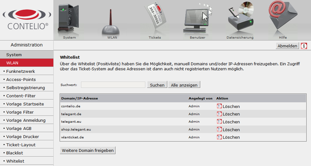 5. Black- und White-Listen Im Menü WLAN Blacklist haben Sie die Möglichkeit, den Zugriff auf bestimmte IP-Adressen oder ganze Domains sowohl für angemeldete als auch unangemeldete Nutzer zu sperren