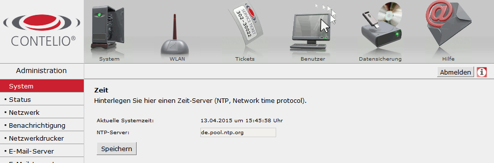 16. Zeit Der Zeit-Server, der für die Systemzeit des CONTELIO - HotSpots genutzt wird, kann unter System Zeit geändert werden (Abbildung 35).