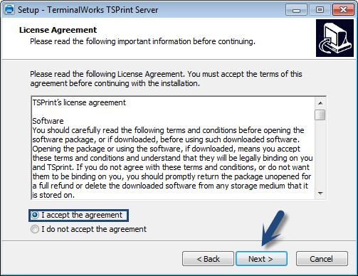 TSPrint Server Installation Nach dem Start der Installationsdatei erhalten Sie folgenden Begrüßungsbildschirm: Genauso wie beim TSPrint Client nutzt der