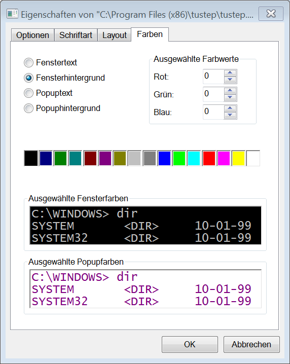 TUSTEP Windows Schriftart und Schriftgröße einstellen. Auf "OK" klicken. Farben In TUSTEP können für den Hintergrund und für die Schrift 16 verschiedene Farben verwendet werden.