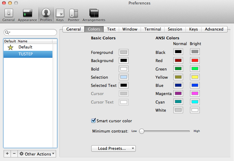 TUSTEP Mac OS Farben In TUSTEP können für den Hintergrund und für die Schrift 16 verschiedene Farben verwendet werden.