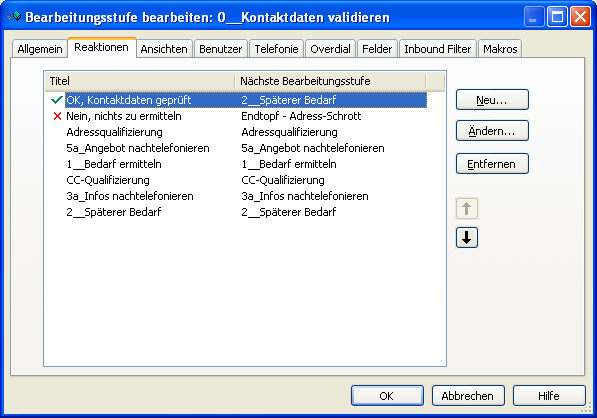 Die übrigen Reaktionen sind dem Anwender verborgen (Eigenschaft Reaktion verbergen) und haben als Titel exakt den Namen der Bearbeitungsstufe, aus der Adressen in die diese Stufe Kontaktdaten