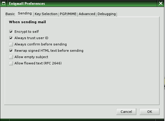 2.2. E-MAIL MIT GNUPG KAPITEL 2. PGP IM EINSATZ Sending (Abbildung 2.4): In diesem Tab stellt man das Standardverhalten von Enigmail beim Versenden von E-Mails ein.